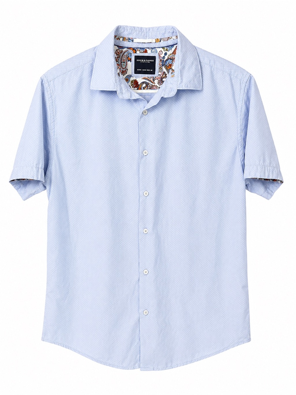Denim and Flower Light Blue Short Sleeve button up Men's Shirt with Paisley Trim